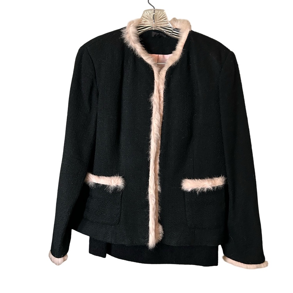 Liz Claiborne Black Suit with Baby Pink Faux Fur Trim